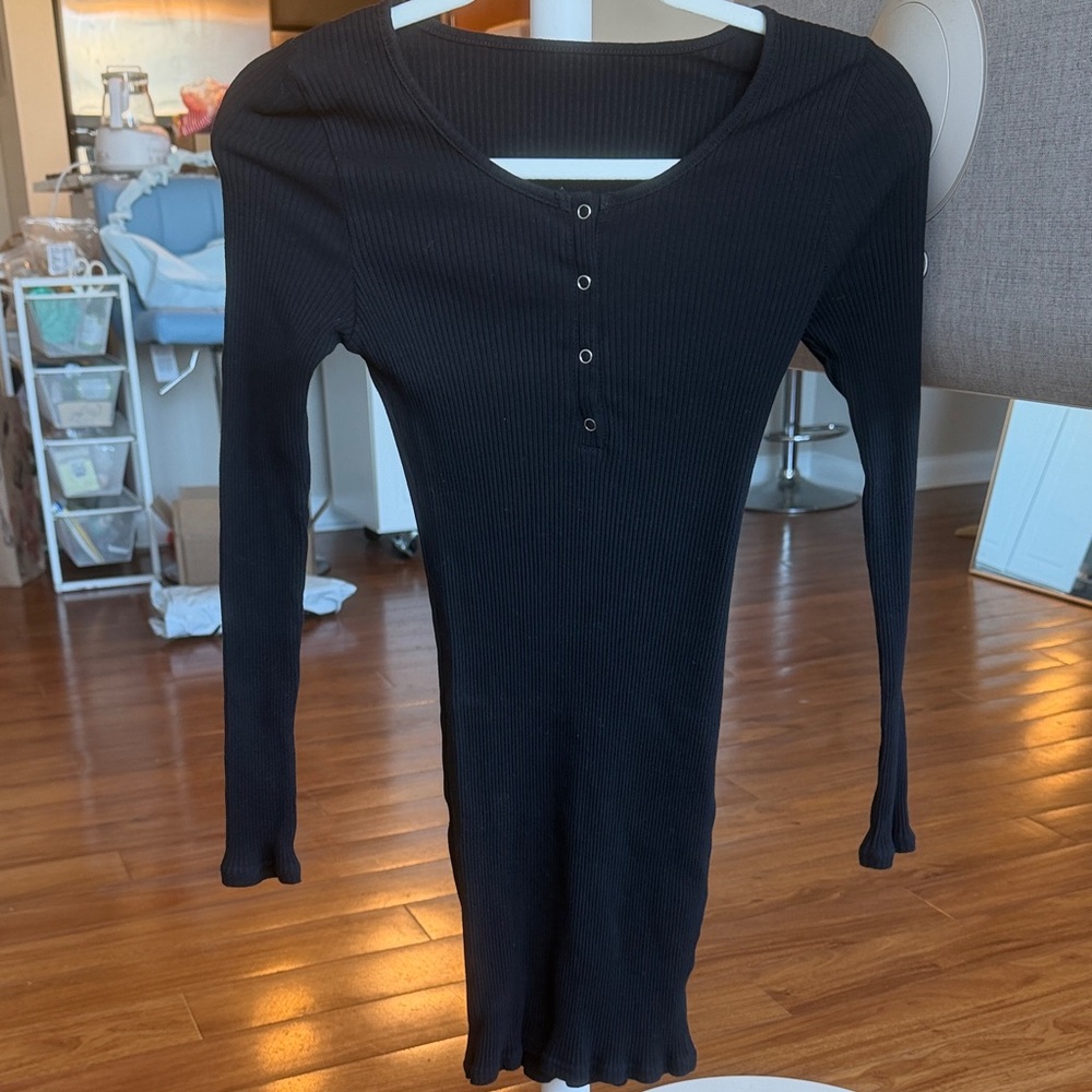 Black Ribbed Long-Sleeve Henley Knit Dress
